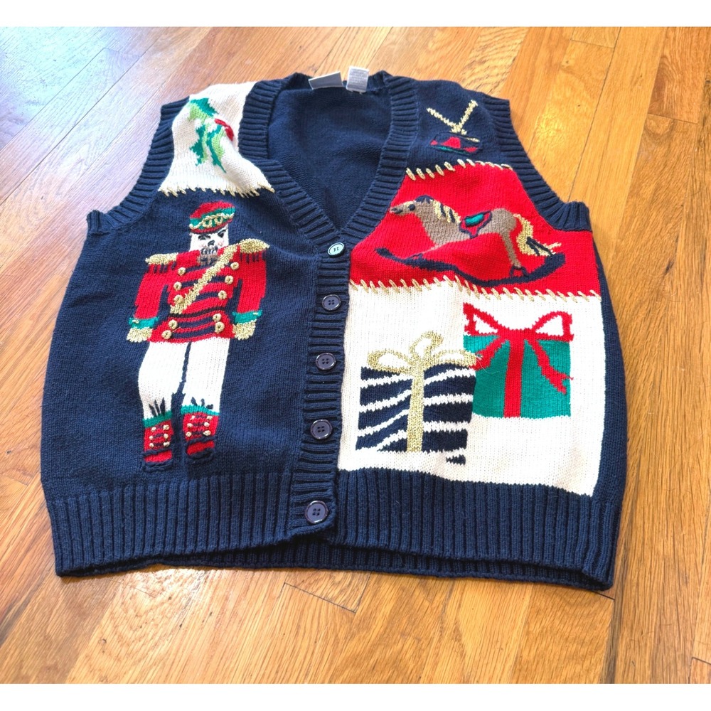 Laura Gayle Vintage Christmas Sweater Vest Nutcracker Rocking Horse Navy PM